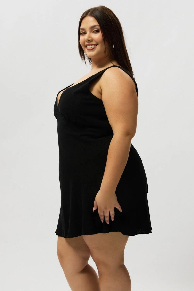 Black Linen Blend V Neck Fitted Minidress 4 Black Linen Blend V Neck Fitted Minidress - Image 4