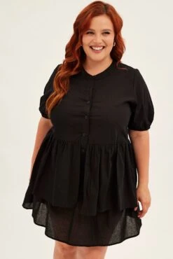 Black Mini Shirtdress Frill Layer Cotton Linen Blend -You And All Fashion Store cdd31865 35ab black 3