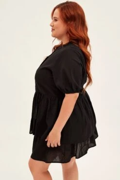 Black Mini Shirtdress Frill Layer Cotton Linen Blend -You And All Fashion Store cdd31865 35ab black 4