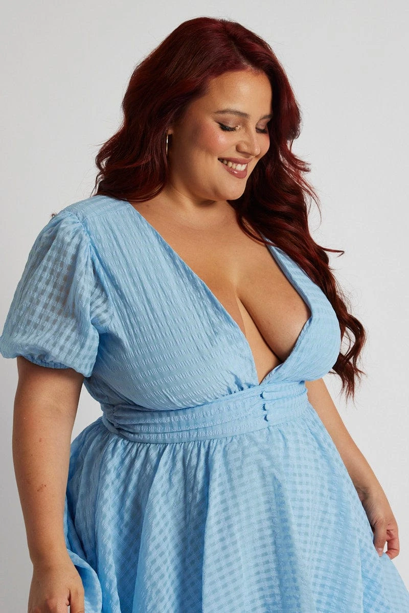 Blue Fit And Flare Dress Short Sleeve 2 Blue Fit And Flare Dress Short Sleeve - Image 2