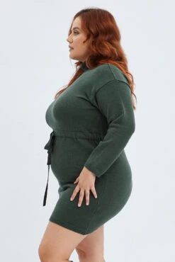 Green Knit Dress High Neck Tie Waist -You And All Fashion Store cdd31917 40a khaki 4