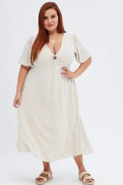 Beige Midi Dress Ring Linen Blend -You And All Fashion Store cdd31964 34a oatmeal 3