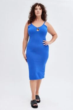 Blue Knit Dress Midi Length Keyhole Detail Sleeveless -You And All Fashion Store cdd32010 40a blue 3