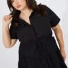 Black Cargo Shirtdress Short Sleeve Cotton Mini