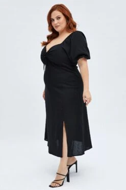 Black Midi Dress Fitted Drawstring Front Puff Sleeve -You And All Fashion Store cdd32078b 35ab black 4