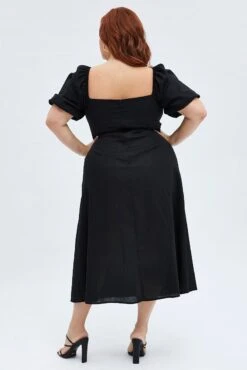 Black Midi Dress Fitted Drawstring Front Puff Sleeve -You And All Fashion Store cdd32078b 35ab black 5