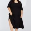 Black Shirred Bodice Linen Blend Maxidress Puff Sleeve