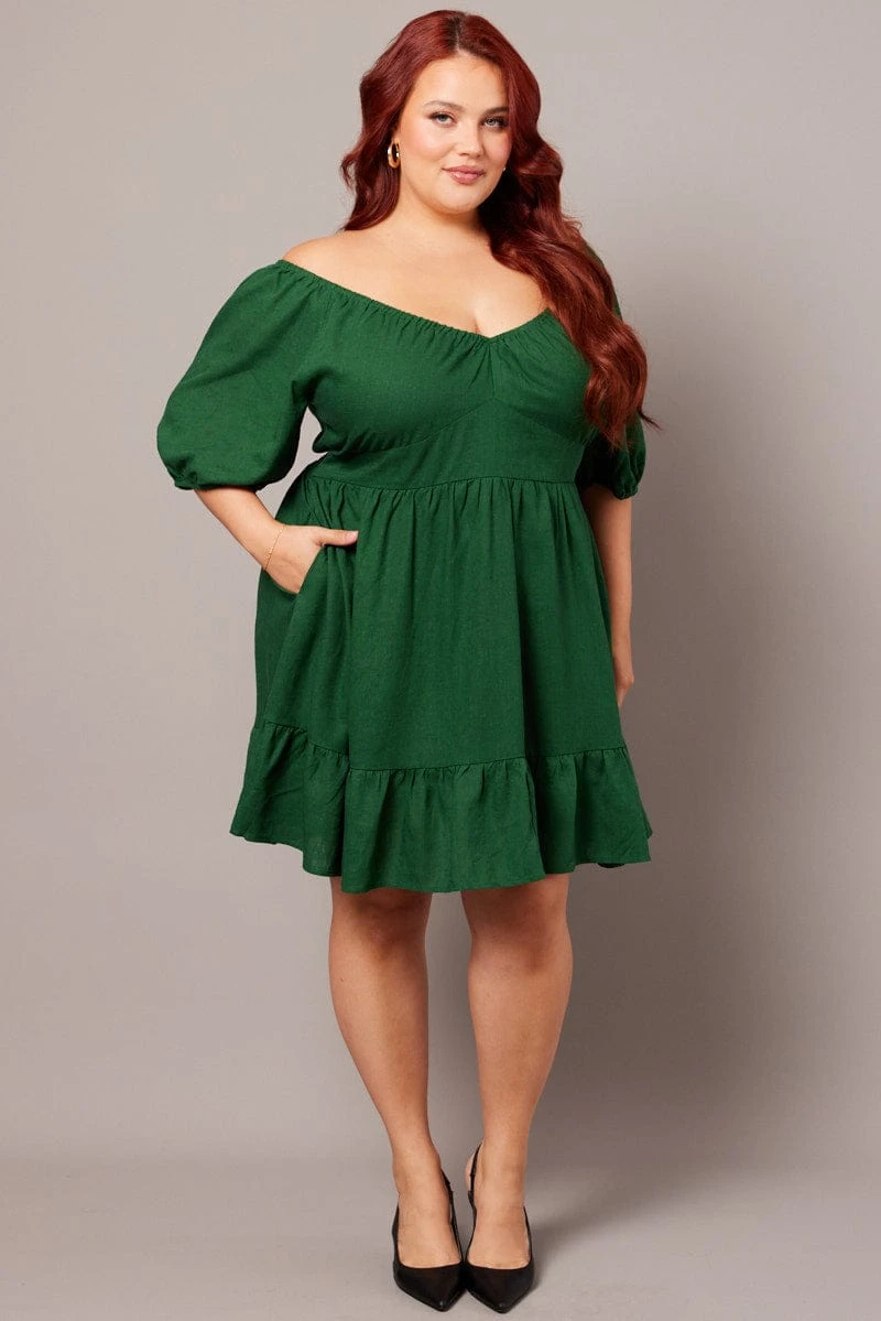 Green Tiered Mini Dress Shirred Back With Pockets 1 Green Tiered Mini Dress Shirred Back With Pockets