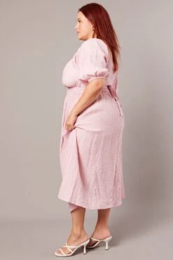 Pink Midi Dress Textured Wrapover Elastic Waist Detail -You And All Fashion Store cdd32165a 33ab pink 4