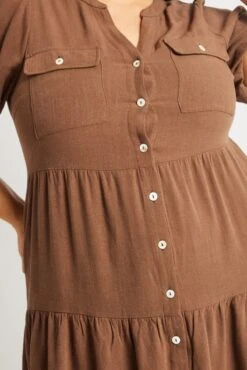 Brown Button Through Mini Dress Nehru Collar Linen Blend -You And All Fashion Store cdd32259e 47a brown 6