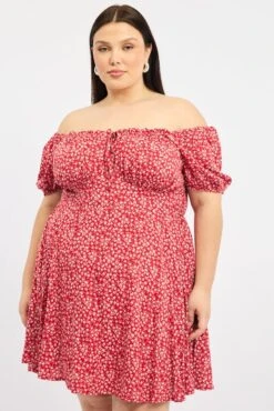 Red Ditsy Tie Front Sweetheart Neck Minidress