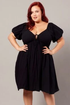 Black Puff Sleeve Cotton Minidress -You And All Fashion Store cdd32281 34a black 3