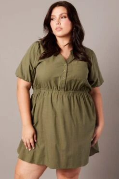 Green Puff Sleeve Curve Hem Shirt Dress -You And All Fashion Store cdd32282 47a dark khaki 3