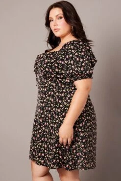 Black Ditsy Tie Front Shirred Sleeve Minidress -You And All Fashion Store cdd32293 35ab ditsy 4