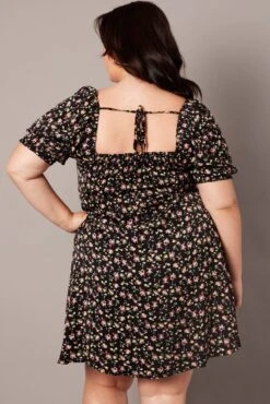 Black Ditsy Tie Front Shirred Sleeve Minidress -You And All Fashion Store cdd32293 35ab ditsy 5