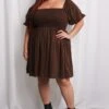 Brown Puff Sleeve Shirred Linen Blend Minidress