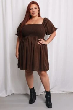 Brown Puff Sleeve Shirred Linen Blend Minidress