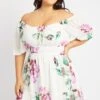 White Floral Puff Sleeve Scoop Neck Gather Waist Minidress