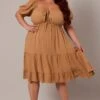 Beige Mini Dress Linen Blend Puff Sleeve Sweetheart Neck