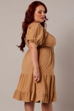 Beige Mini Dress Linen Blend Puff Sleeve Sweetheart Neck -You And All Fashion Store cdd32306a 47ab tan 4