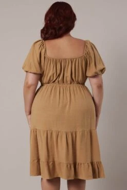 Beige Mini Dress Linen Blend Puff Sleeve Sweetheart Neck -You And All Fashion Store cdd32306a 47ab tan 5