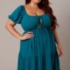 Green Mini Dress Linen Blend Puff Sleeve Sweetheart Neck