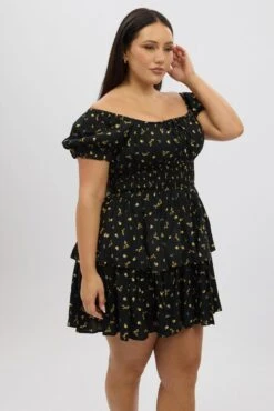 Black Ditsy Scoop Neck Shirred Waist Frill Minidress -You And All Fashion Store cdd32368k 123a ditsy 4