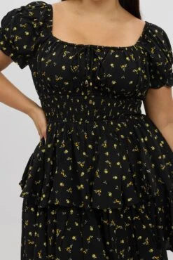 Black Ditsy Scoop Neck Shirred Waist Frill Minidress -You And All Fashion Store cdd32368k 123a ditsy 6