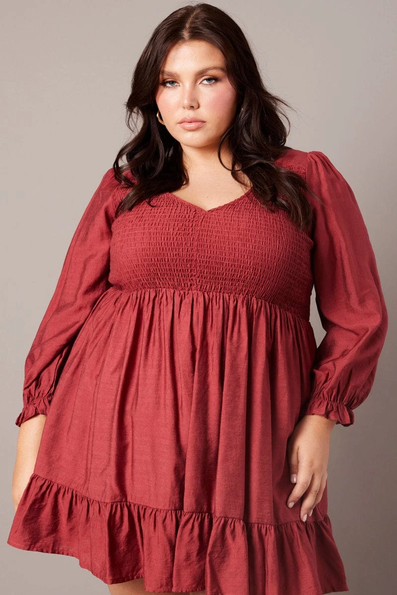 Brown V-neck Shirred Long Sleeve Mini Dress 3 Brown V-neck Shirred Long Sleeve Mini Dress - Image 3