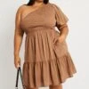 Brown One Shoulder Dress Shirred Bodice Pockets