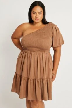 Brown One Shoulder Dress Shirred Bodice Pockets -You And All Fashion Store cdd32395 34ab chocolate 3