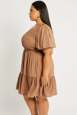 Brown One Shoulder Dress Shirred Bodice Pockets -You And All Fashion Store cdd32395 34ab chocolate 4