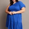 Blue One Shoulder Dress Shirred Bodice Pockets
