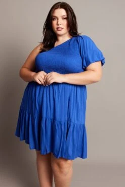 Blue One Shoulder Dress Shirred Bodice Pockets -You And All Fashion Store cdd32395 34ab cobalt 3