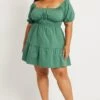 Green Puff Sleeve Gather Minidress