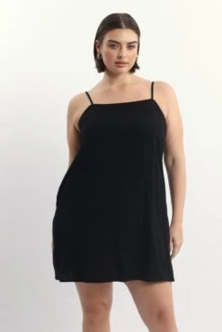 Black Square Neck Shoestring Strap Shift Mini Dress