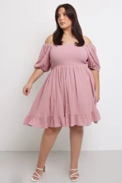 Pink Cotton Shirred Bodice Puff Sleeve Minidress