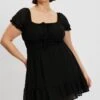 Black Bow Front Shirred Waist Mini Dress