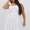 White Tie Front Shirred Waist Detail Tiered Minidress