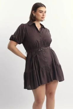 Brown Puff Sleeve Belted Mini Shirtdress