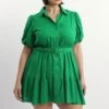 Green Puff Sleeve Belted Mini Shirtdress