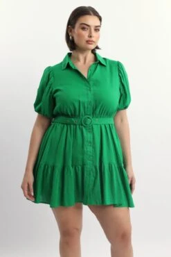 Green Puff Sleeve Belted Mini Shirtdress