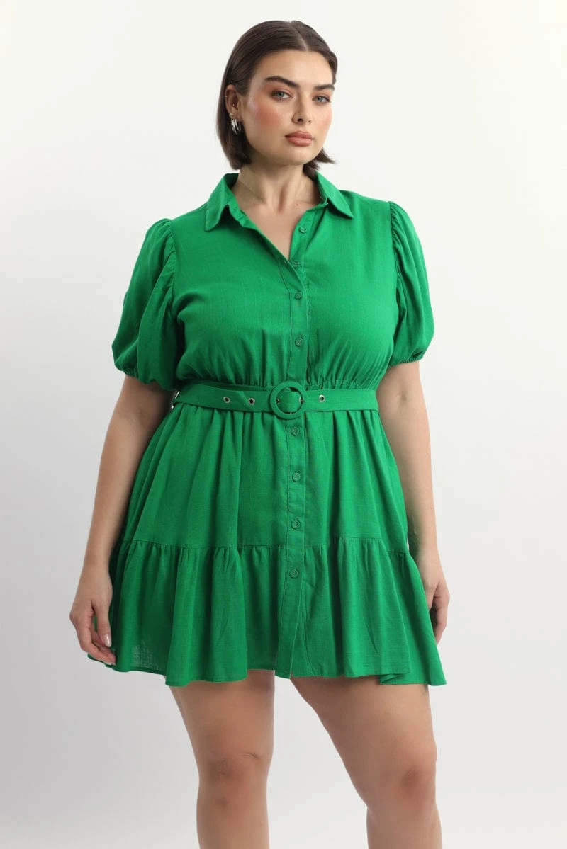 Green Puff Sleeve Belted Mini Shirtdress 1 Green Puff Sleeve Belted Mini Shirtdress