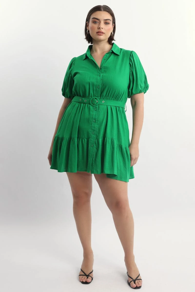 Green Puff Sleeve Belted Mini Shirtdress 2 Green Puff Sleeve Belted Mini Shirtdress - Image 2