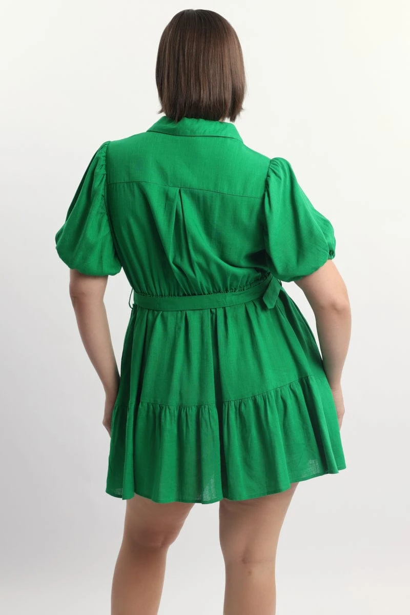 Green Puff Sleeve Belted Mini Shirtdress 4 Green Puff Sleeve Belted Mini Shirtdress - Image 4