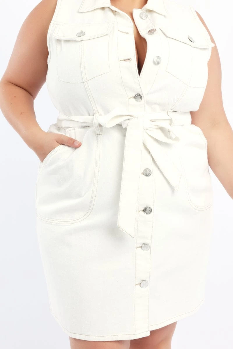 White Button Thru Denim Sleeveless Dress 6 White Button Thru Denim Sleeveless Dress - Image 6
