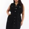 Black Button Thru Denim Sleeveless Dress