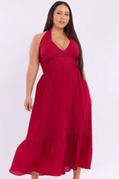 Cherry Halter Neck Dress Sleeveless Textured -You And All Fashion Store cdd3404 116r cherry 3