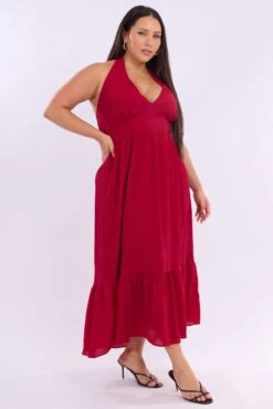 Cherry Halter Neck Dress Sleeveless Textured -You And All Fashion Store cdd3404 116r cherry 4