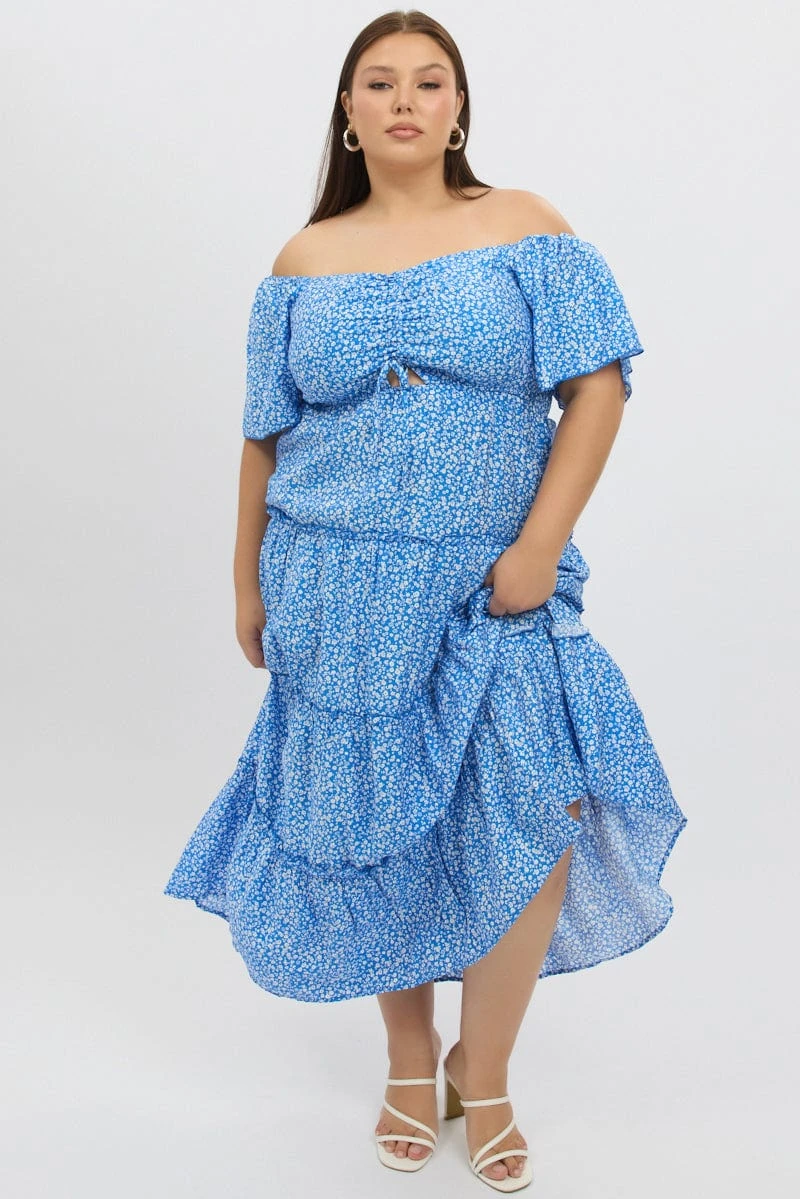 Blue Ditsy Maxi Dress Short Sleeve Ruched Bust Tiered 1 Blue Ditsy Maxi Dress Short Sleeve Ruched Bust Tiered